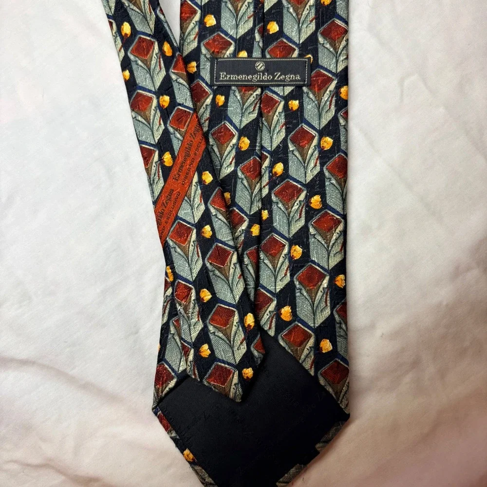 Ermenegildo Zegna Silk Tie Navy‎ Burgundy Gold Geometric Diamond Made in Italy